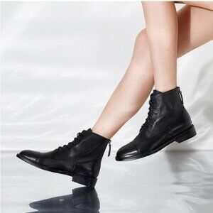 FOWT Black Round Cap Toe Lace Up Block Low Heel Back Zipper Ankle Boot